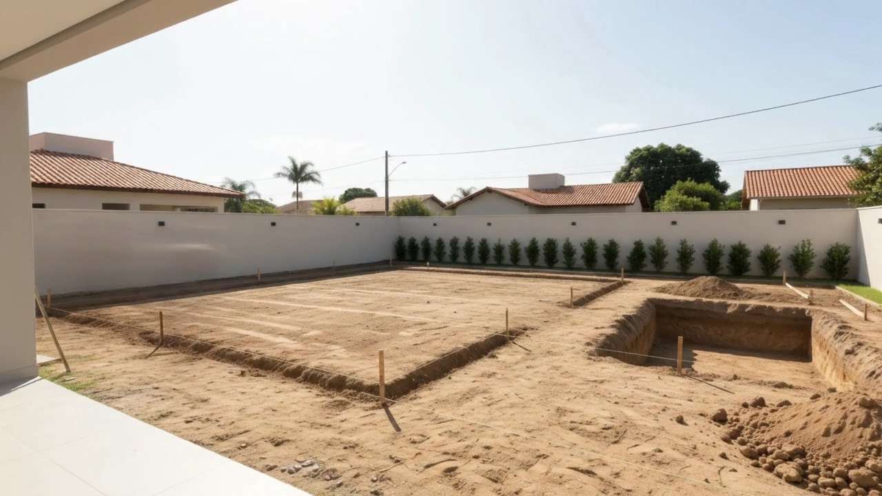 Terreno limpo e nivelado, com estacas e linhas marcando a locação da obra