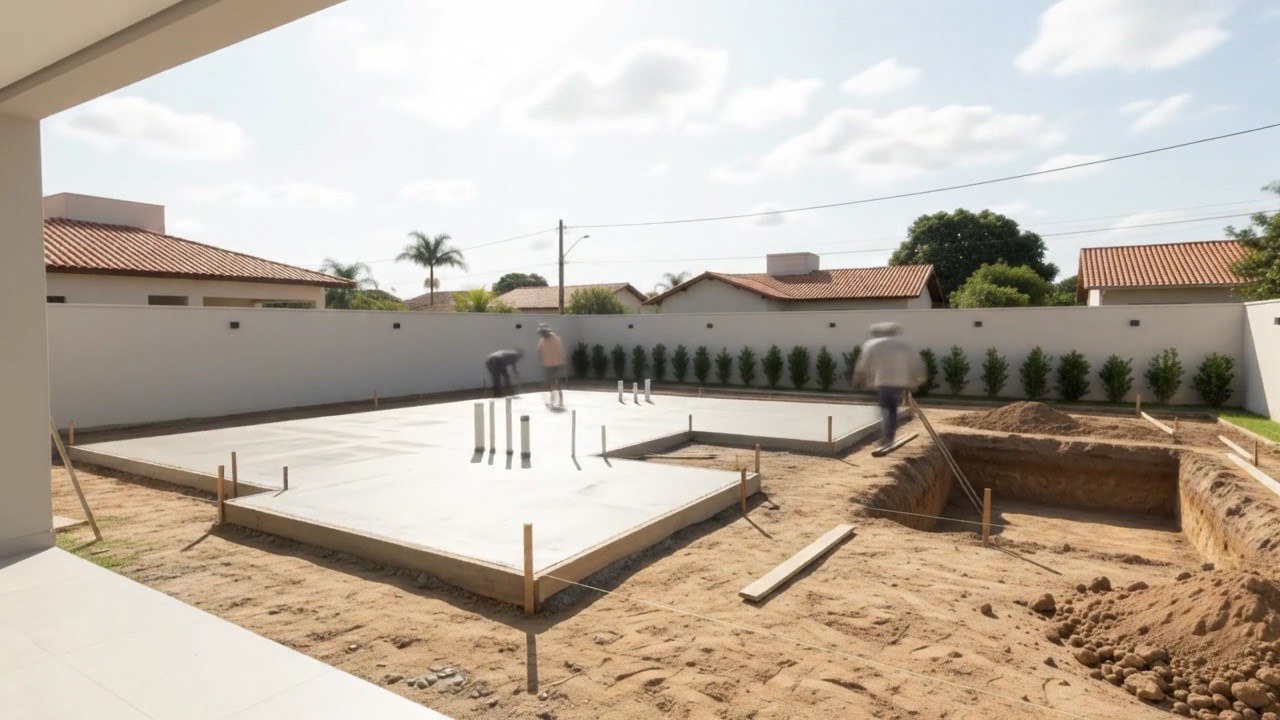 Laje de concreto do radier pronta, com as tubulações saindo do piso