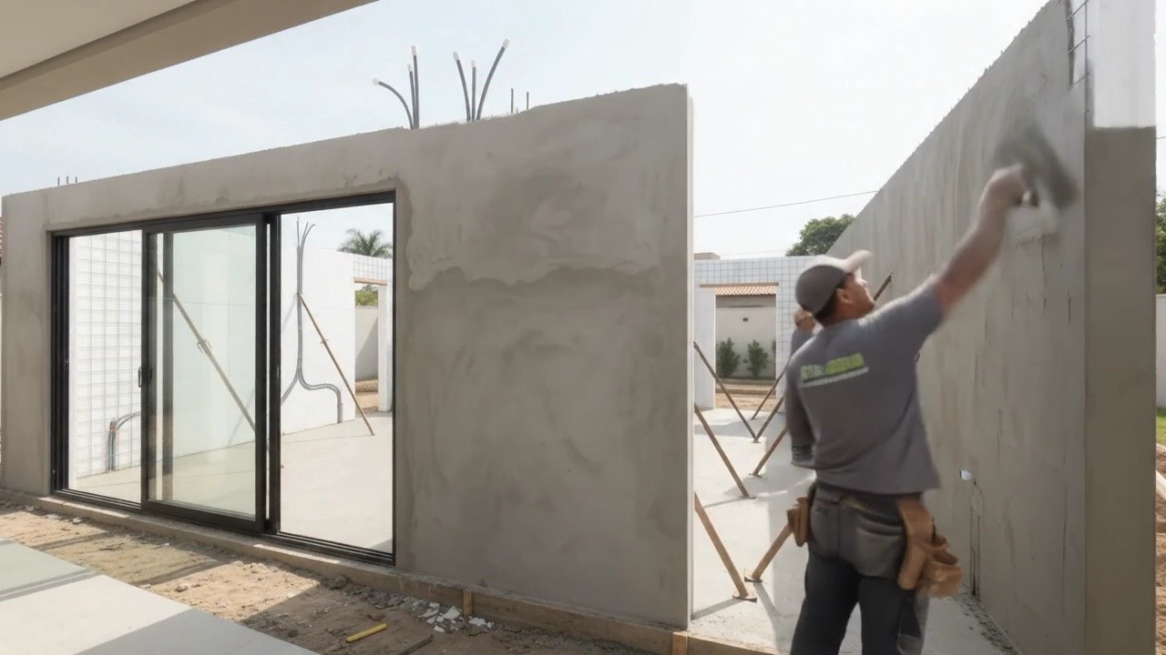 Operário aplicando o reboco estrutural sobre os painéis