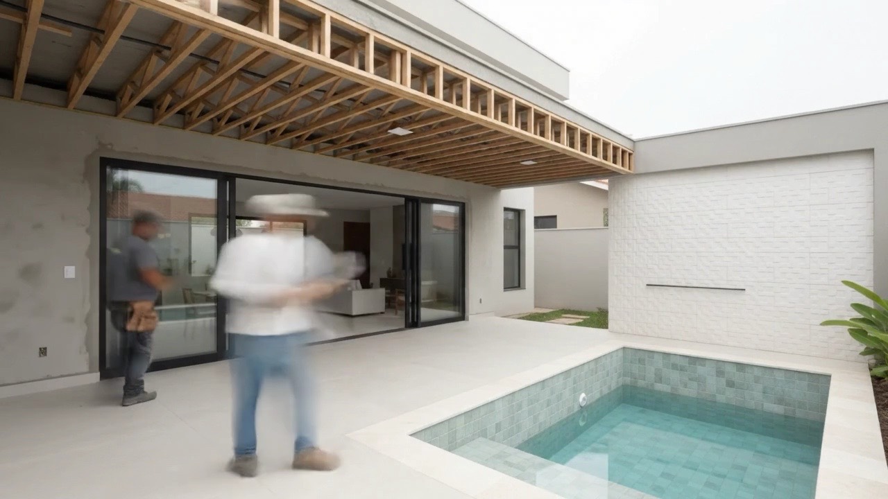 Cobertura pronta sobre a área externa, com a piscina