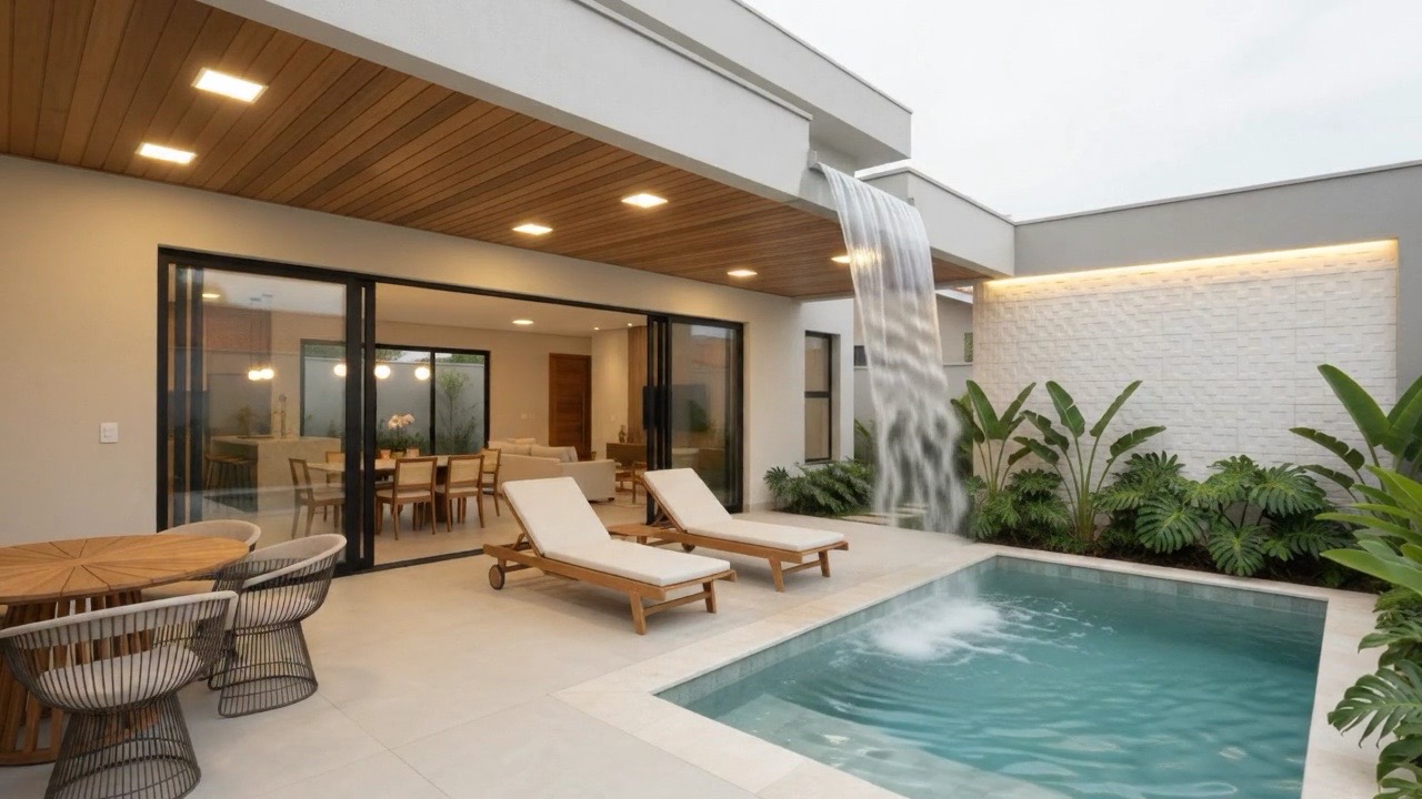 Casa entregue: área externa com piscina, cascata e acabamento de alto padrão